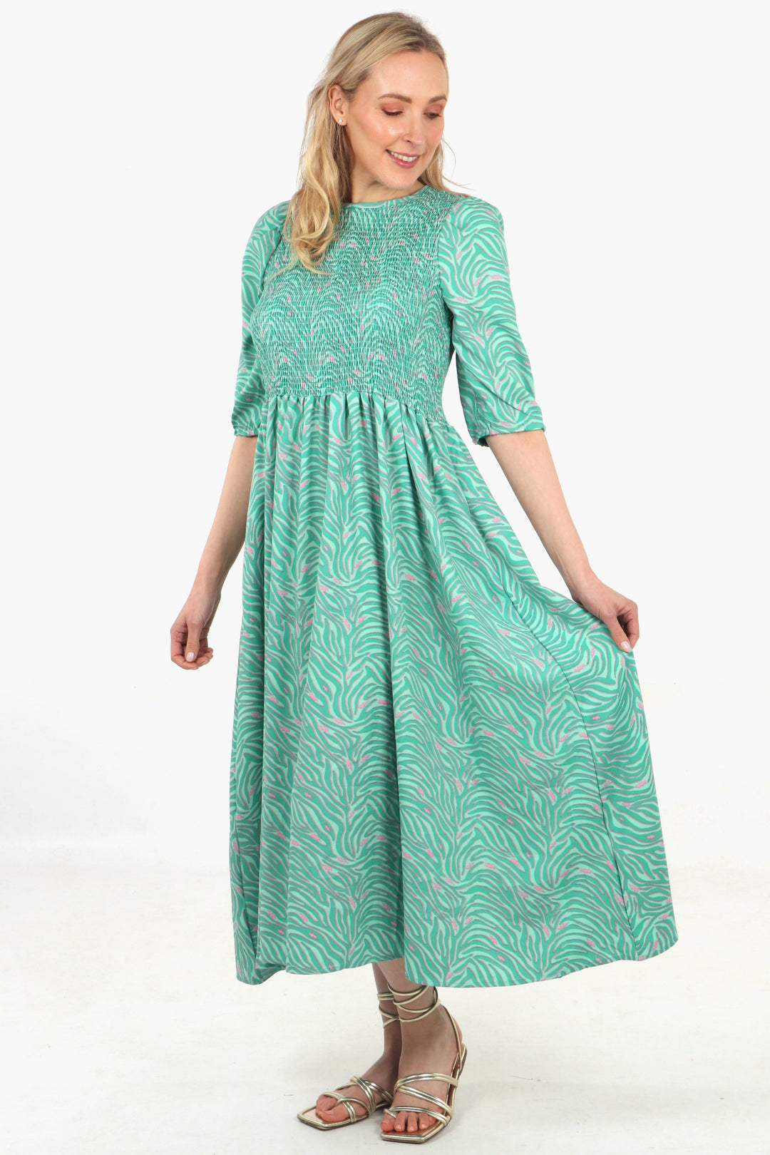 Shirred Maxi Dress - Green, Zebra Lightning Bolt