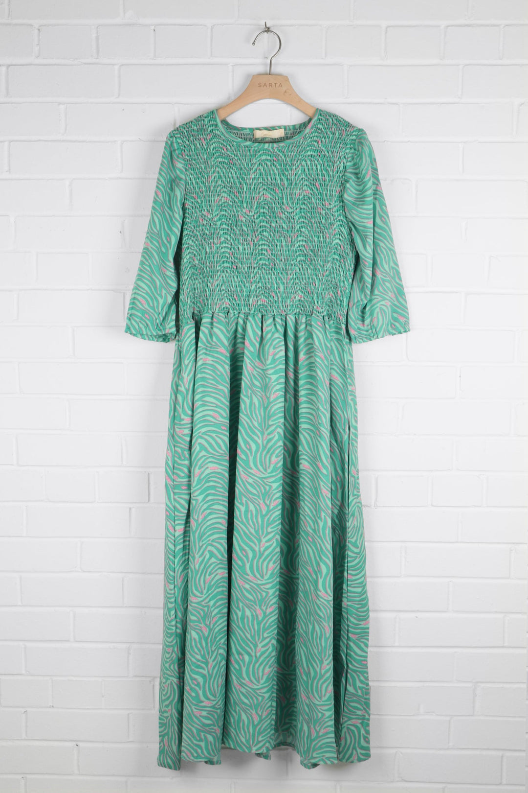 Shirred Maxi Dress - Green, Zebra Lightning Bolt