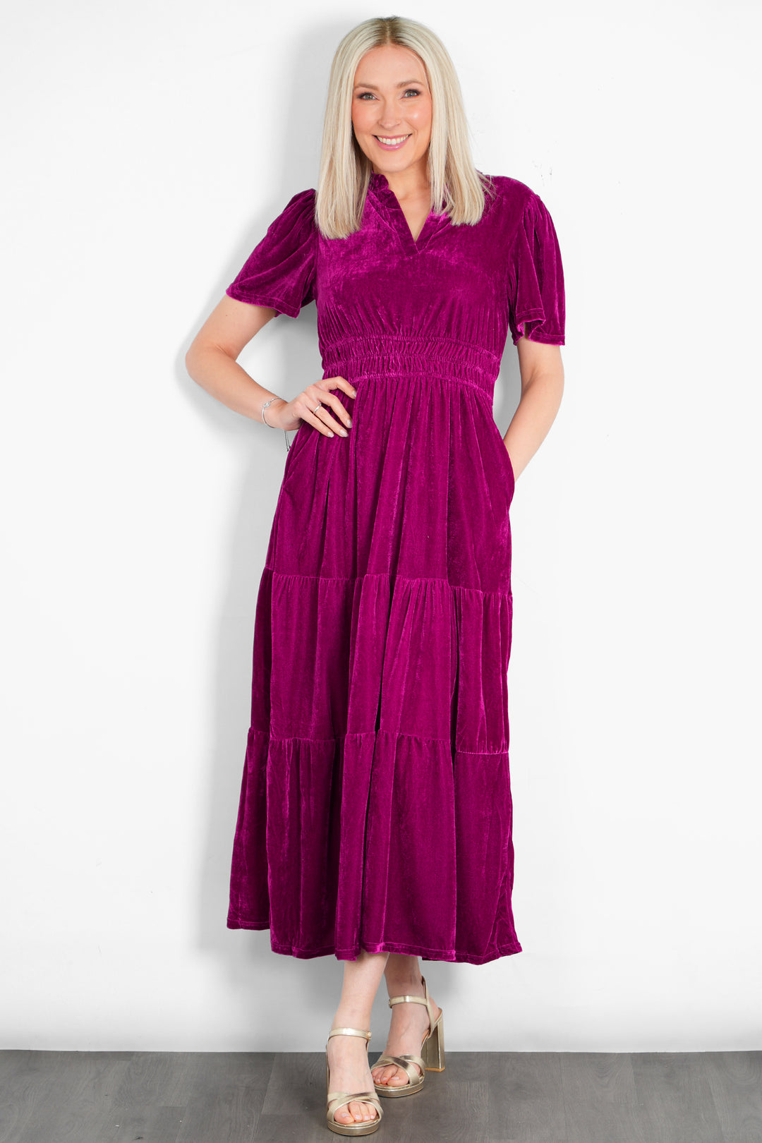 roxy-tiered-maxi-dress-berry-velvet-model-front-view