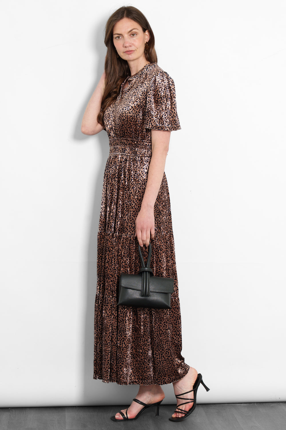 roxy-tiered-maxi-dress-gold-velvet-leopard-styled-heels-trixie-clutch-bag
