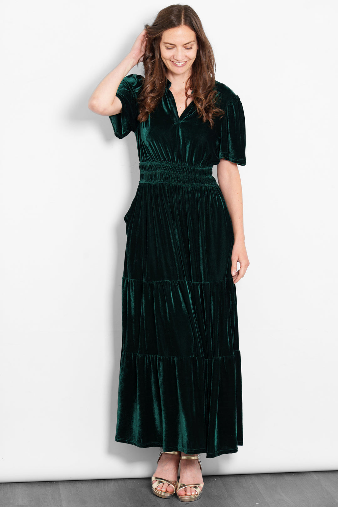 roxy-tiered-maxi-dress-green-velvet-model-front-view