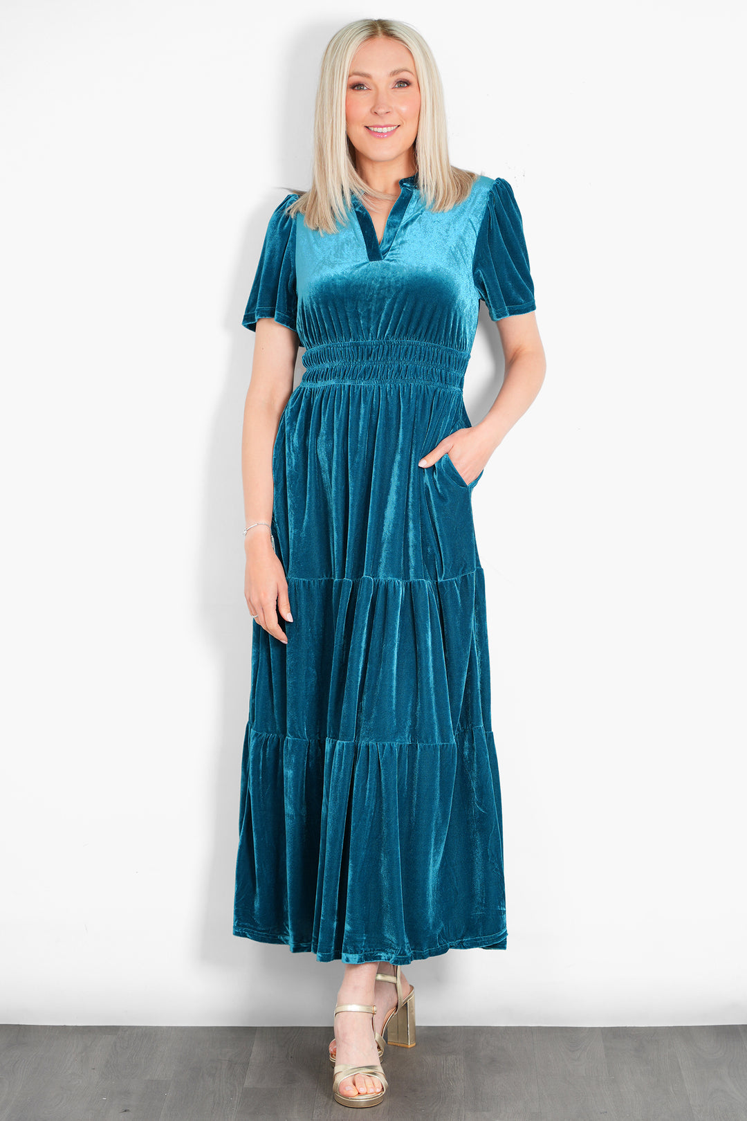 roxy-tiered-maxi-dress-teal-velvet-model-front-view