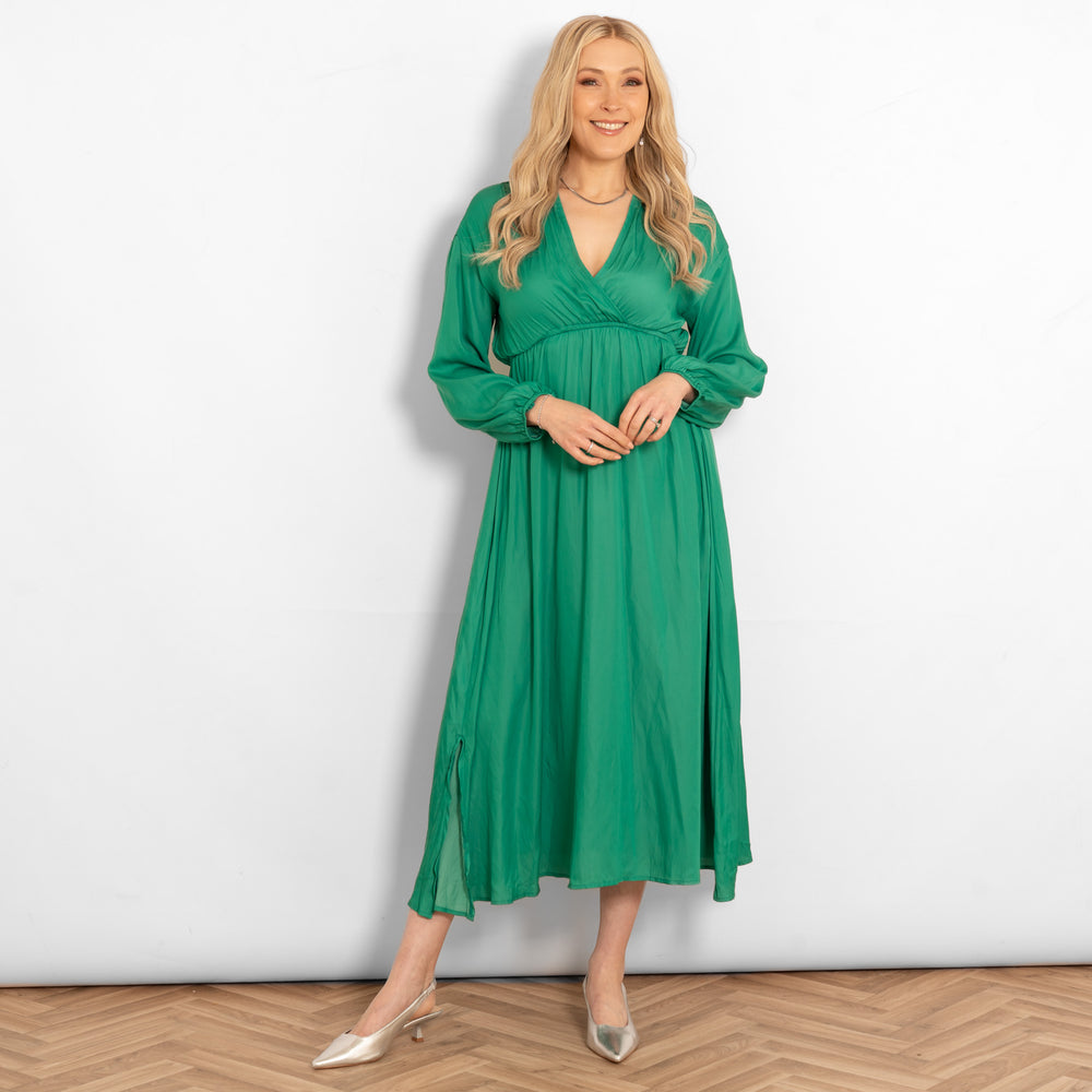 faux-wrap-empire-waist-maxi-dress-green-styled-heels-model