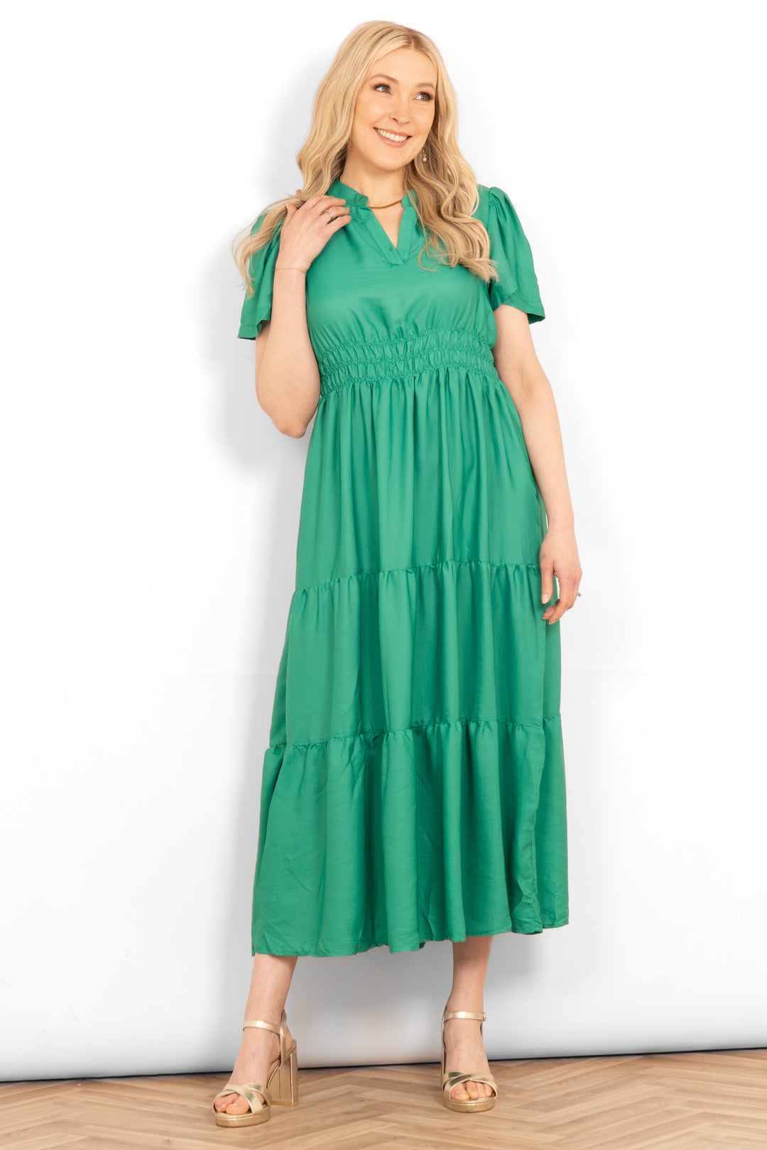 grandad-collar-tiered-maxi-dress-green-model-front-view