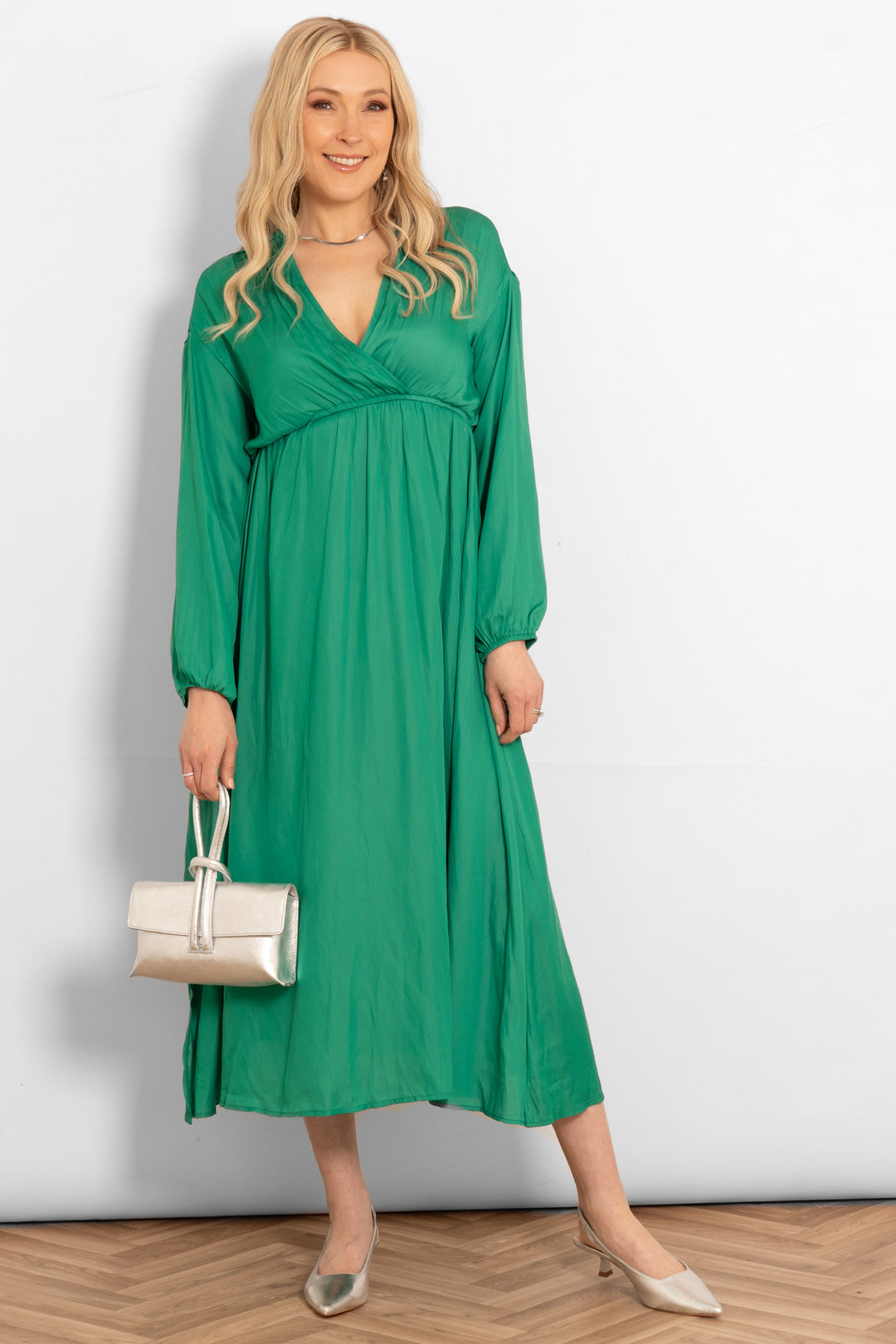 faux-wrap-empire-waist-maxi-dress-green-model-front