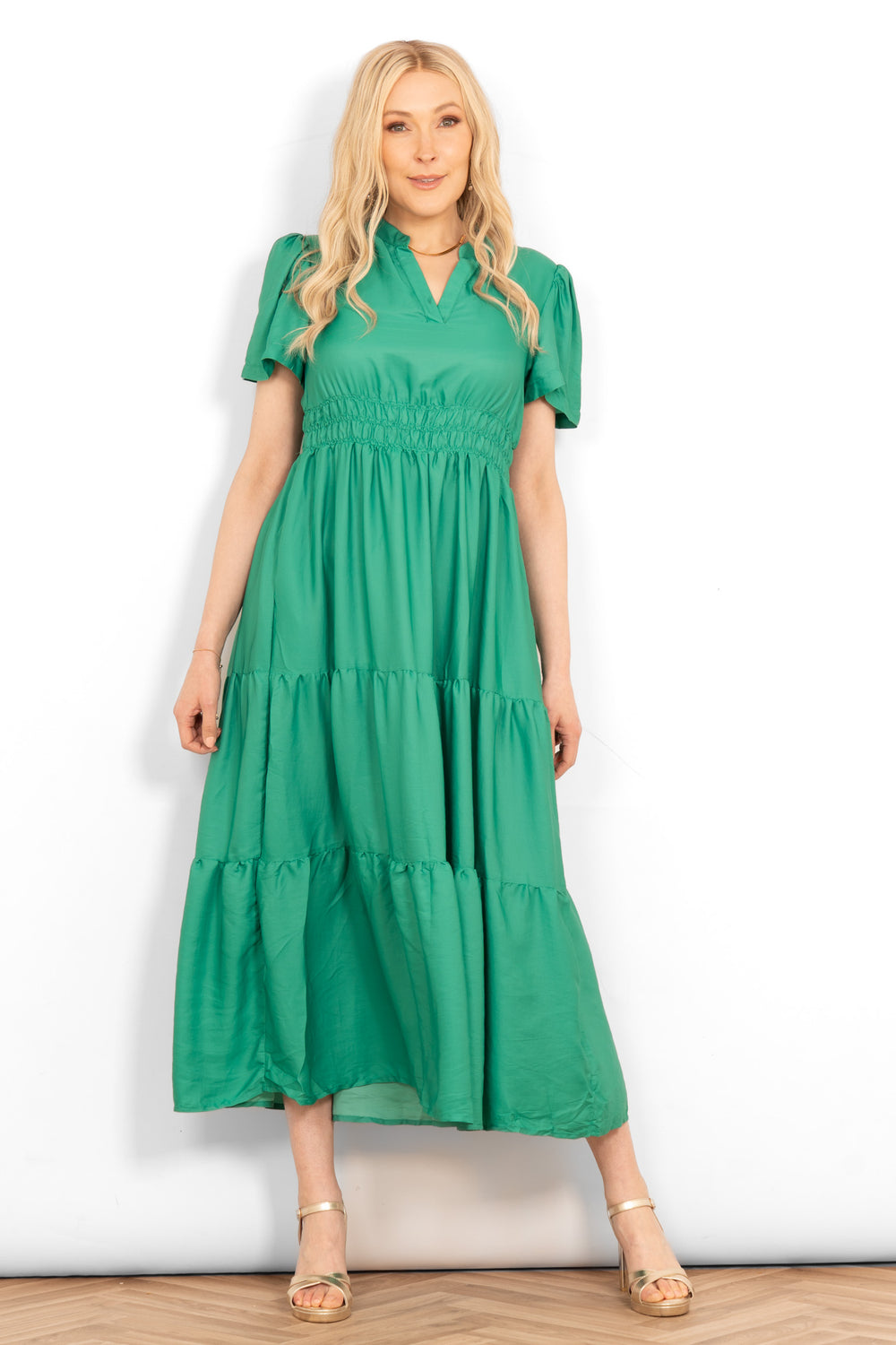 grandad-collar-tiered-maxi-dress-green-shirred-waistband-front-view