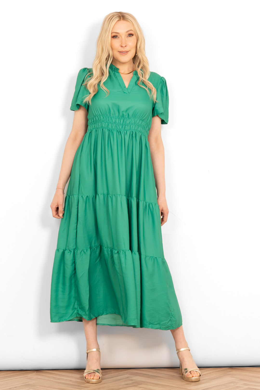 grandad-collar-tiered-maxi-dress-green-shirred-waistband-front-view