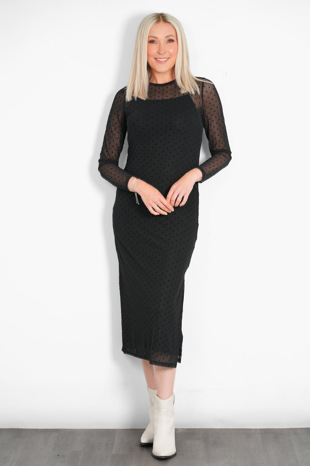 drew-column-dress-with-slip-black-floral-model-front-view