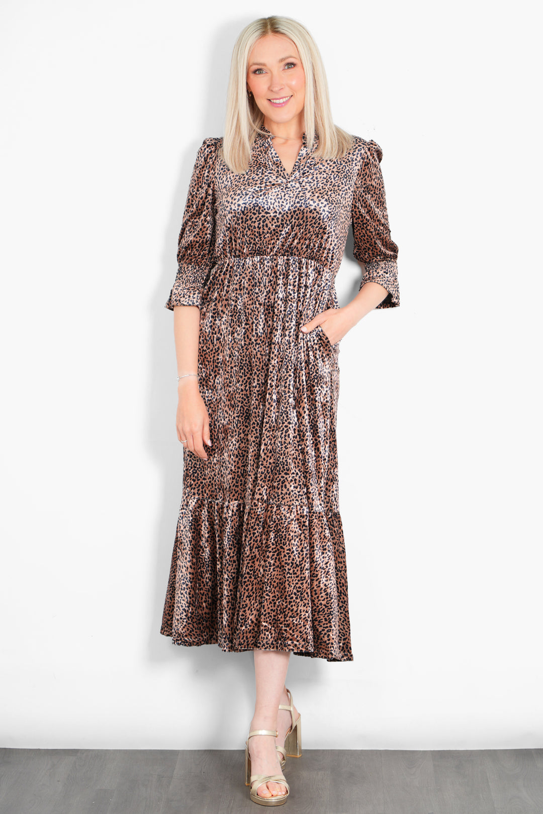 pandora-v-neck-midaxi-dress-gold-velvet-leopard-model-front-view
