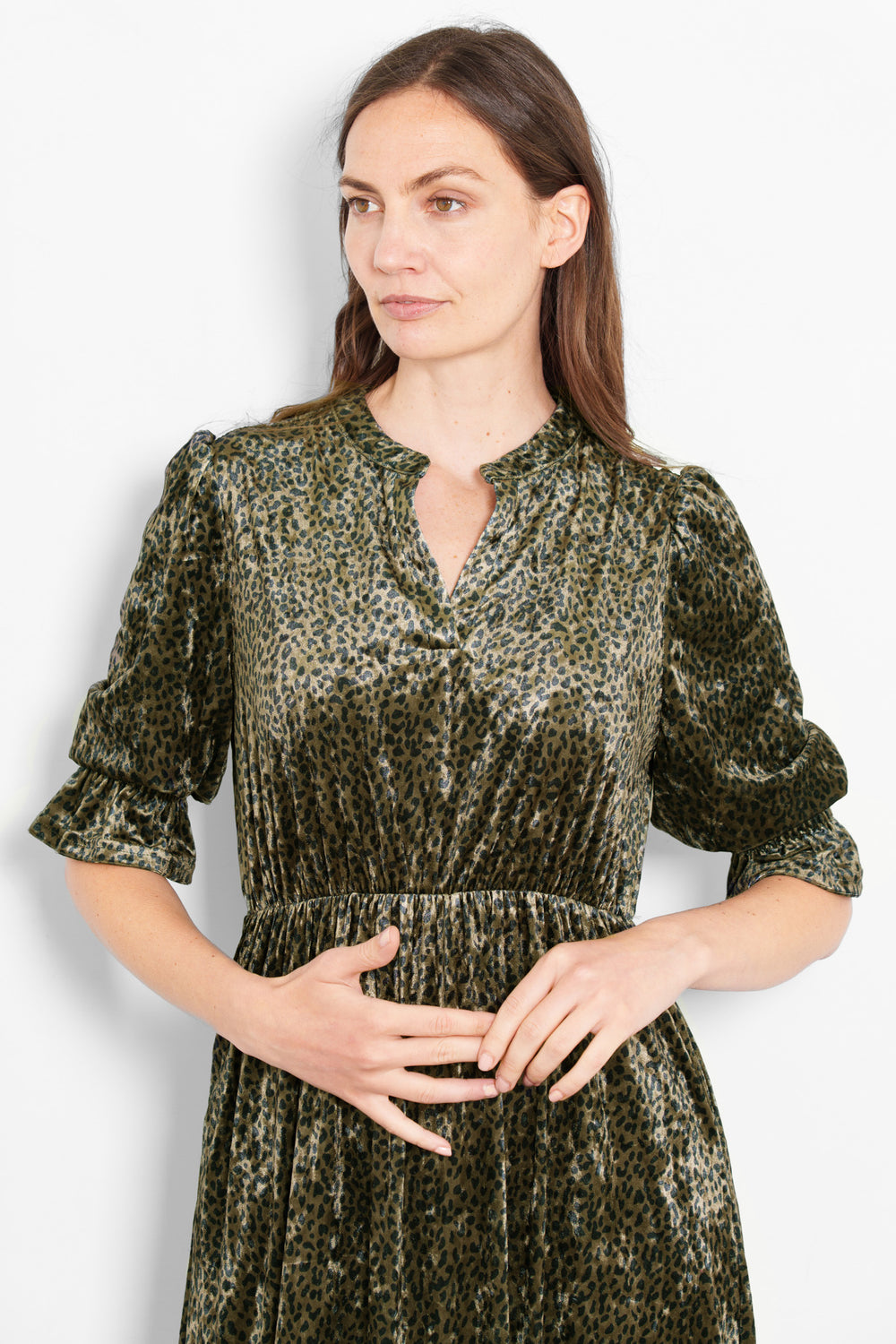 pandora-v-neck-midaxi-dress-khaki-velvet-leopard-fluted-sleeves