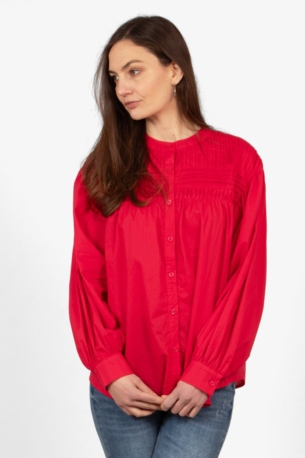 libby-long-sleeve-button-down-cotton-shirt-red-pleated-blouson-lightweight
