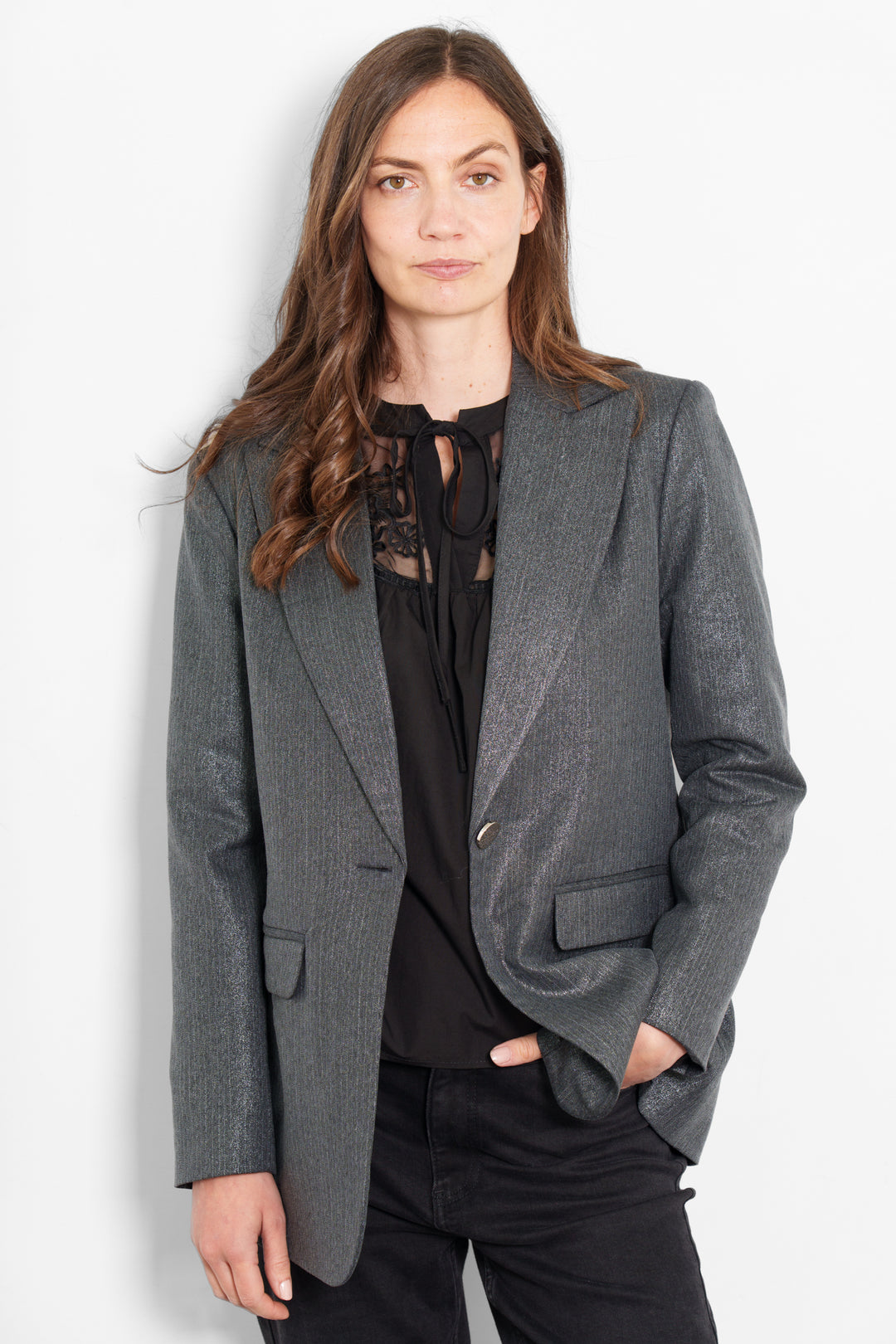 tatum-boyfriend-blazer-gun-metal-glitter-stripe-model-front-view