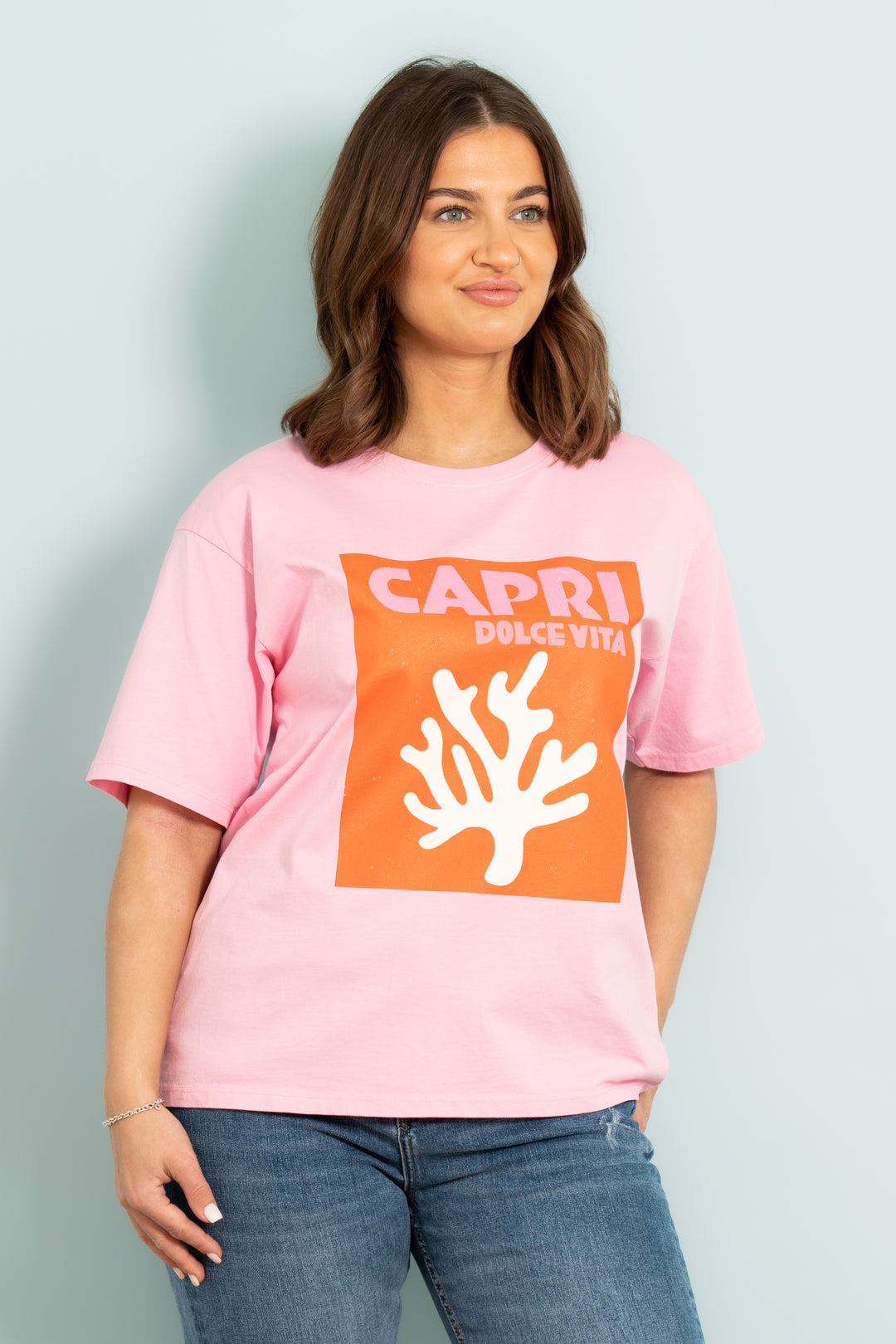 cotton-t-shirt-hot-pink-orange-capri-slogan-model-front-view
