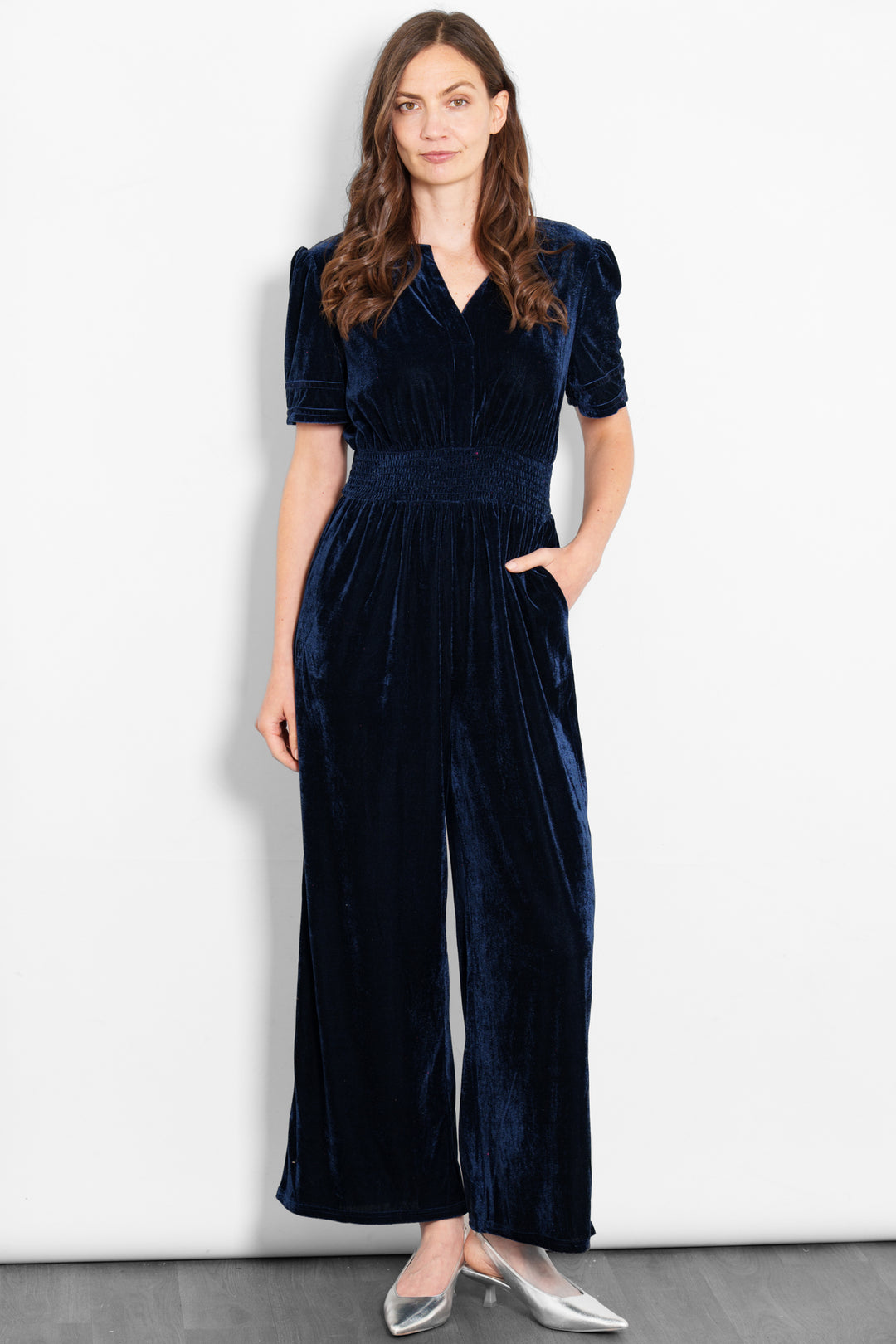 lydia-v-neck-jumpsuit-navy-blue-velvet-model-front-view