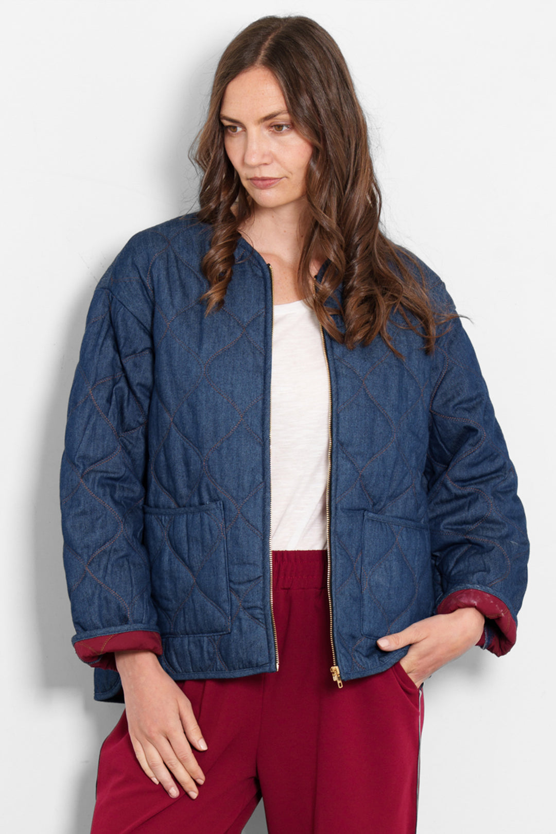 lori-quilted-jacket-dark-blue-denim-model-front-view-open-zip