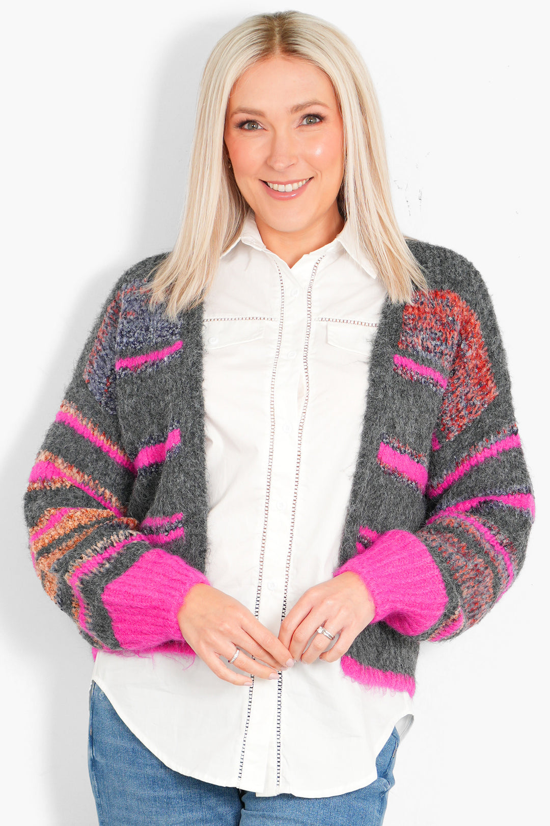 brodie-wool-blend-cardigan-dark-grey-pink-colourblock-stripe-open-front