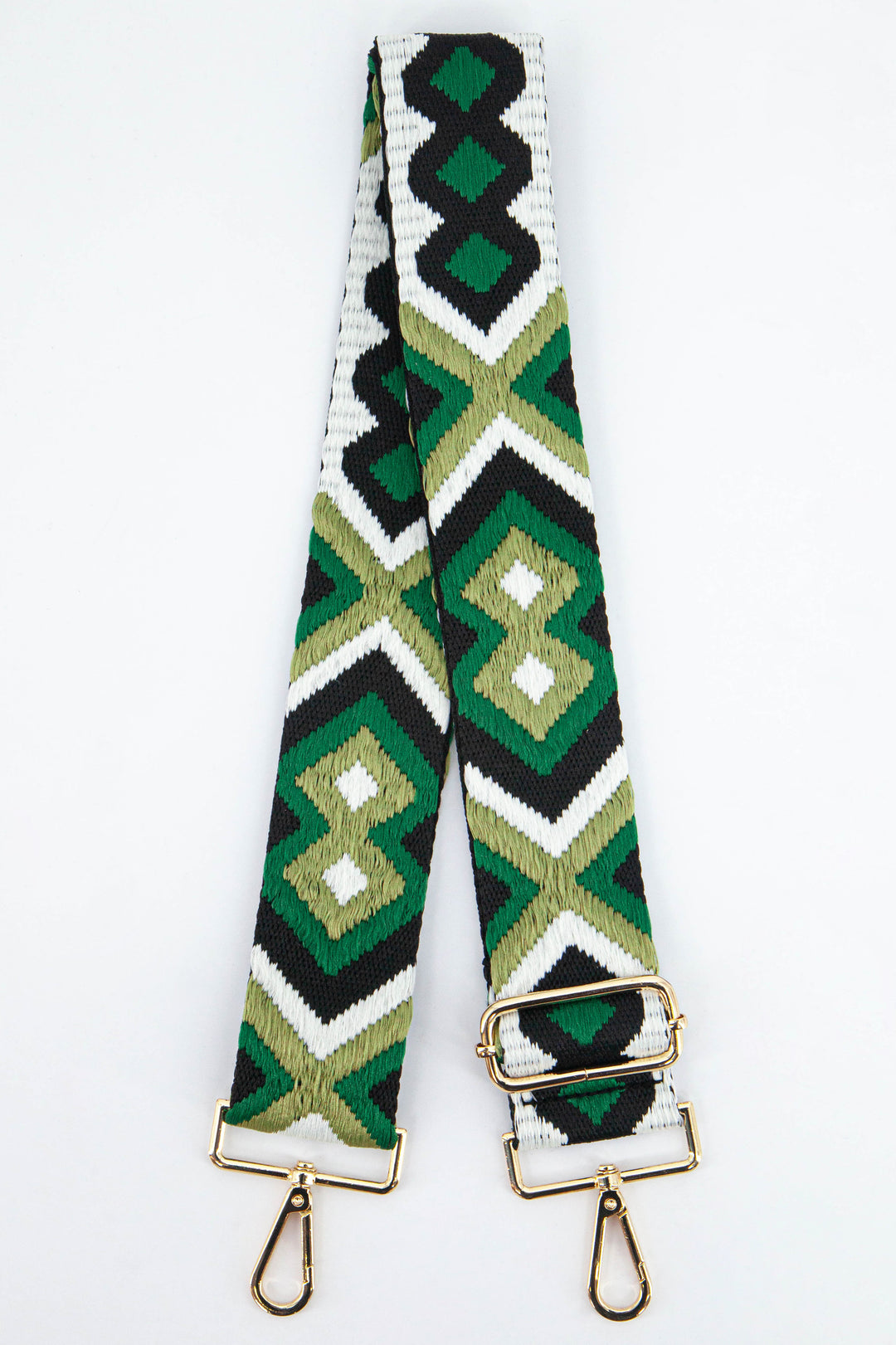 green aztec print woven clip on bag strap with gold hardware