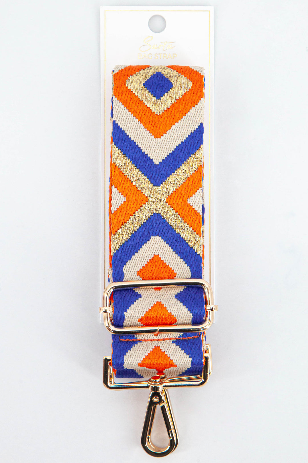 orange, blue and metallic gold aztec print patten woven bag strap