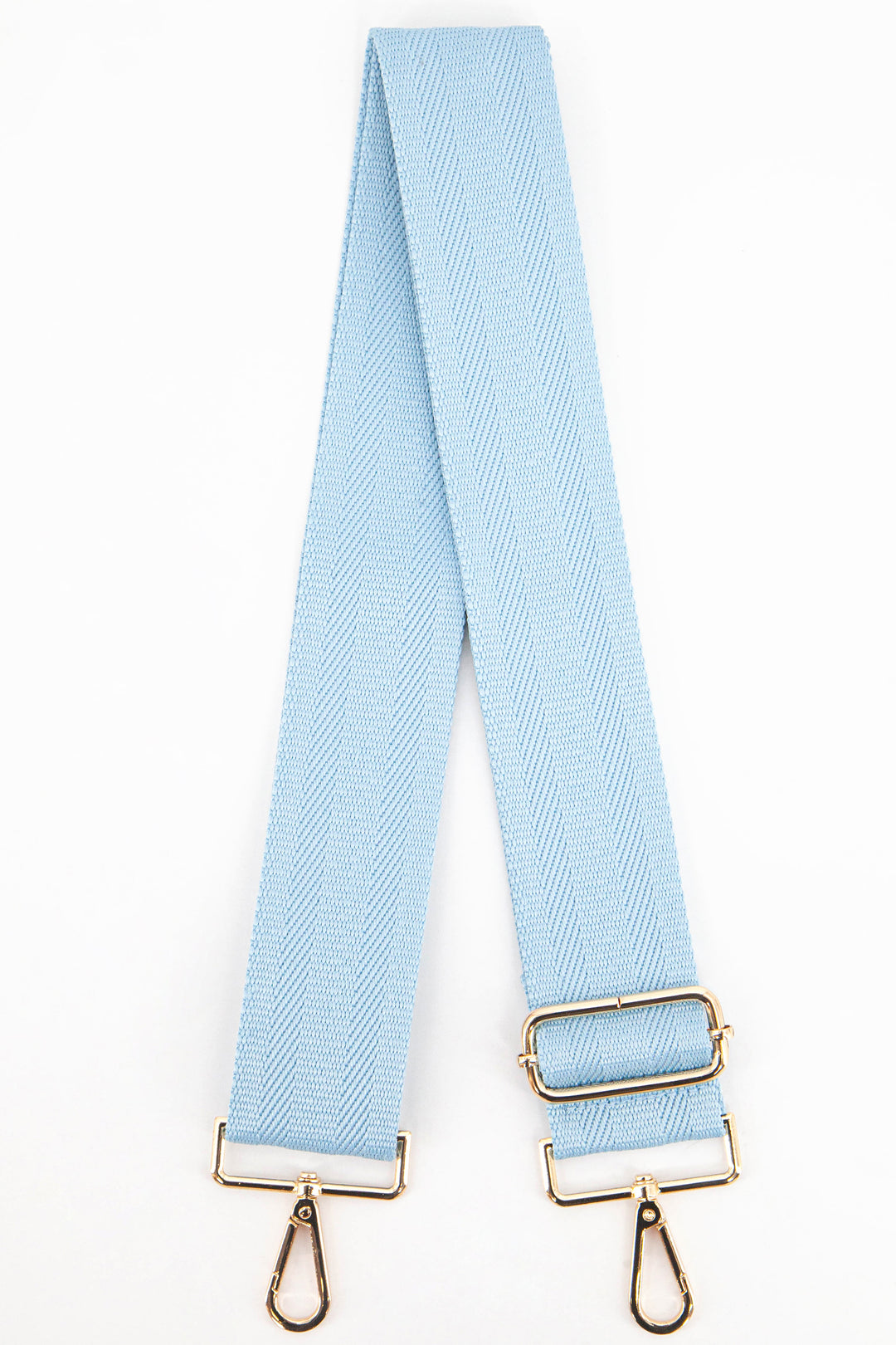 plain light blue clip on bag strap in a textured orange woven material with gold hardware