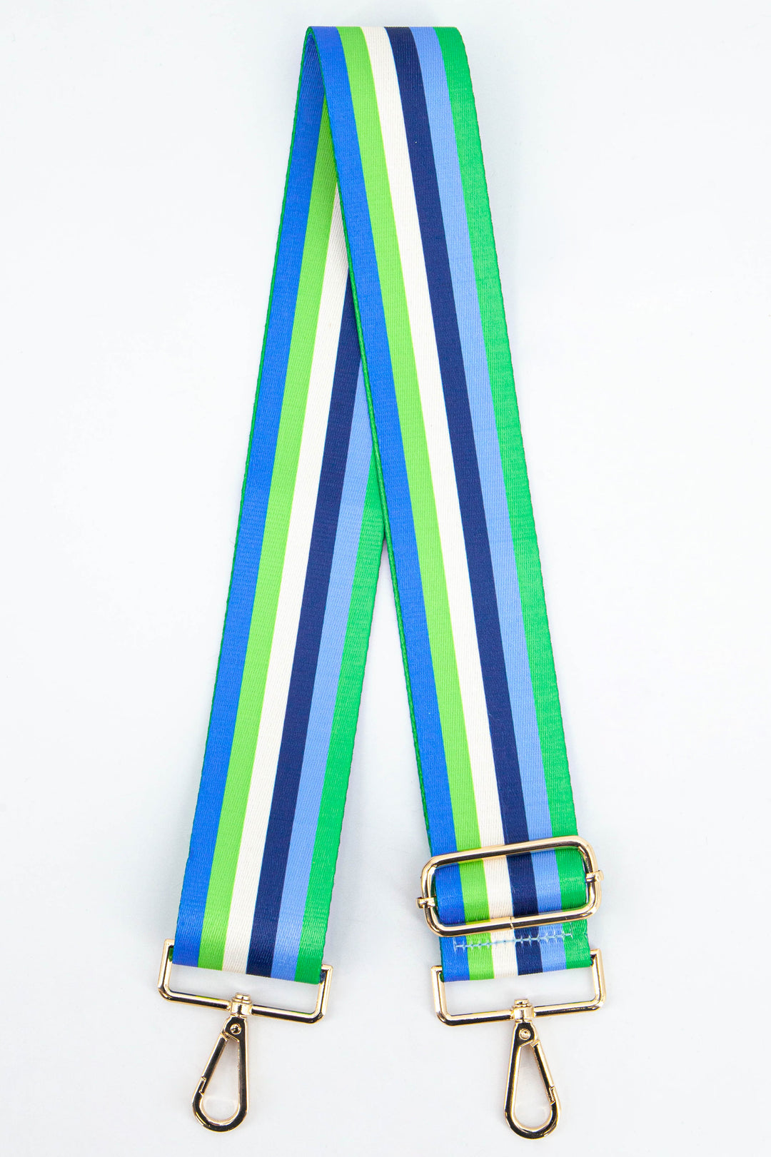 blue and green multi striped wide bag strap with gold clip on hardware