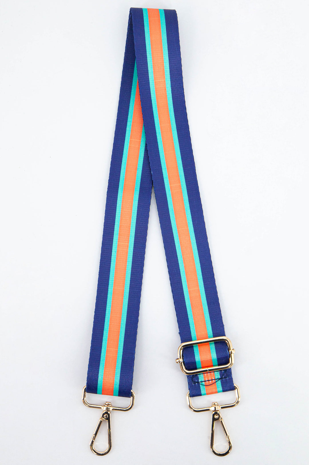 blue and orange contrasting colour block stripe bag strap with gold clip on snap hook attachments