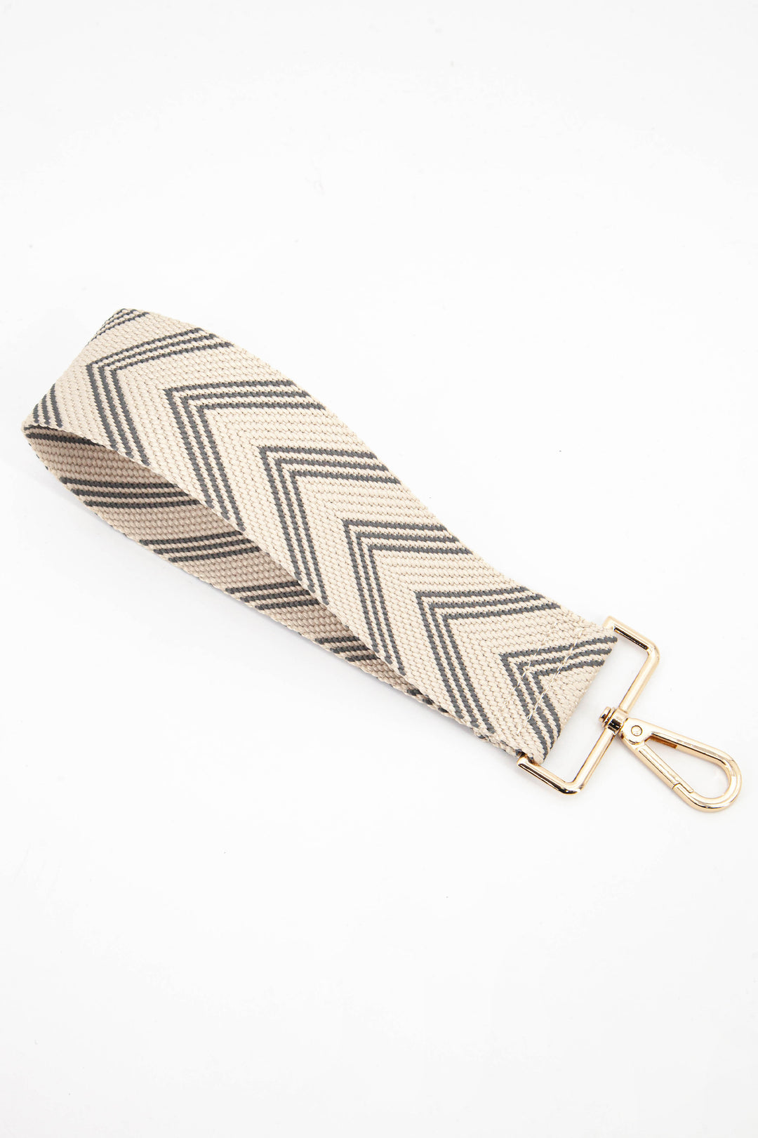 beige and khaki chevron striped woven clip on wrist strap with gold hardware