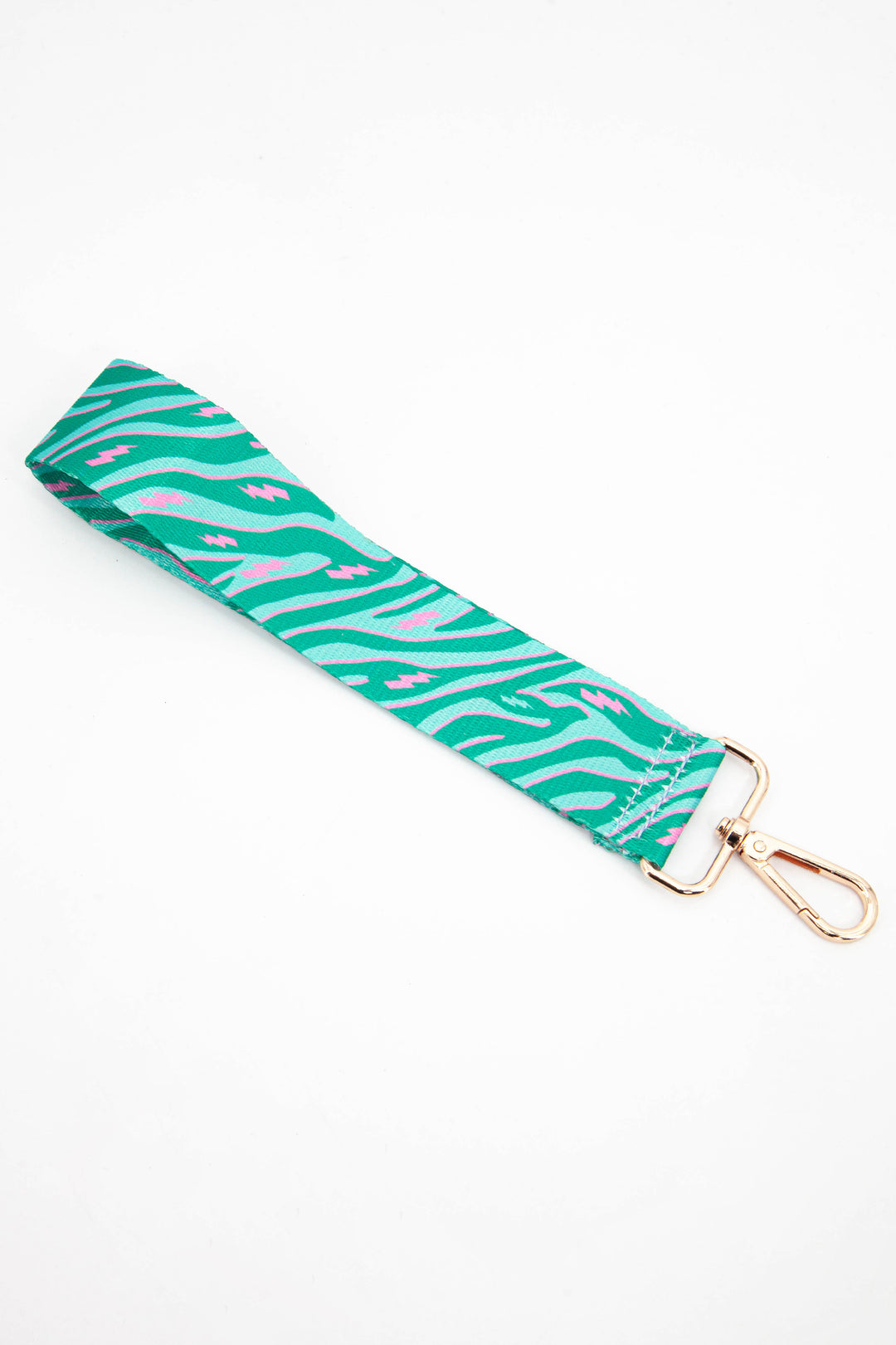 green and pink zebra and lightning bolt pattern detachable wrist strap for a small clutch bag
