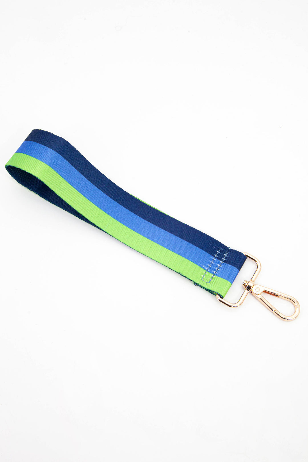 green, blue and navy blue striped wrist strap with gold clip on snap hook