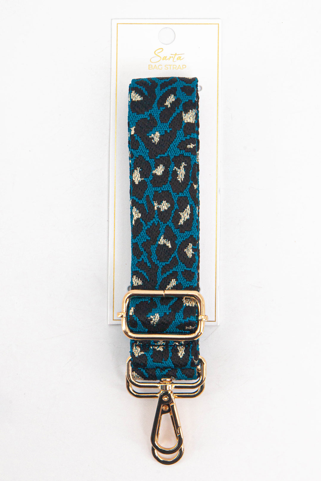 blue black and gold leopard print woven bag strap in its sarta packaging