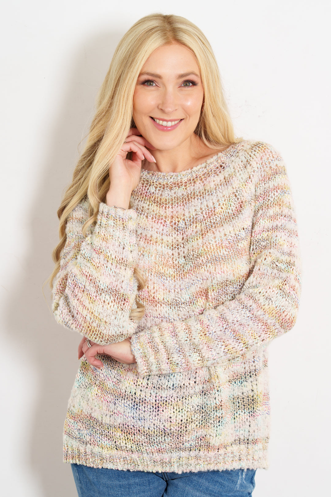 sage-wool-blend-jumper-cream-multi-textured-stripe-model-front-view