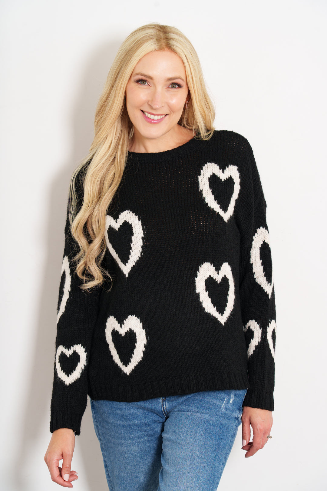 millie-wool-blend-jumper-black-cream-love-hearts-model-front-view