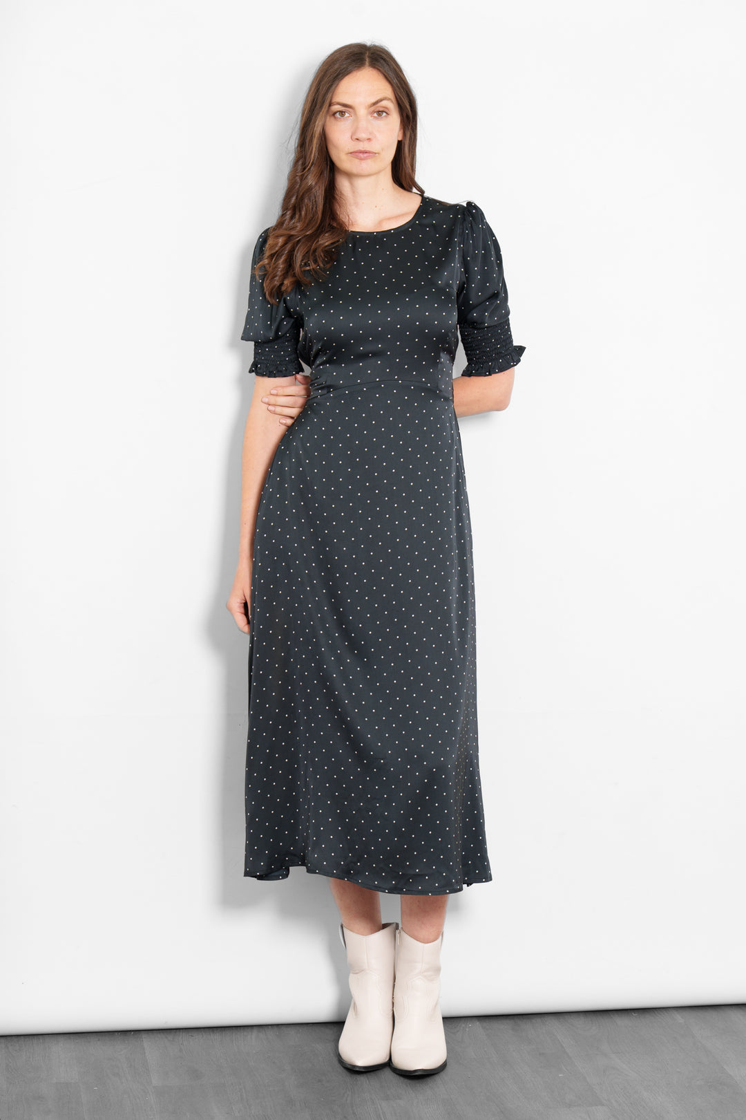 hazel-tea-dress-black-white-polka-dots-model-front-view