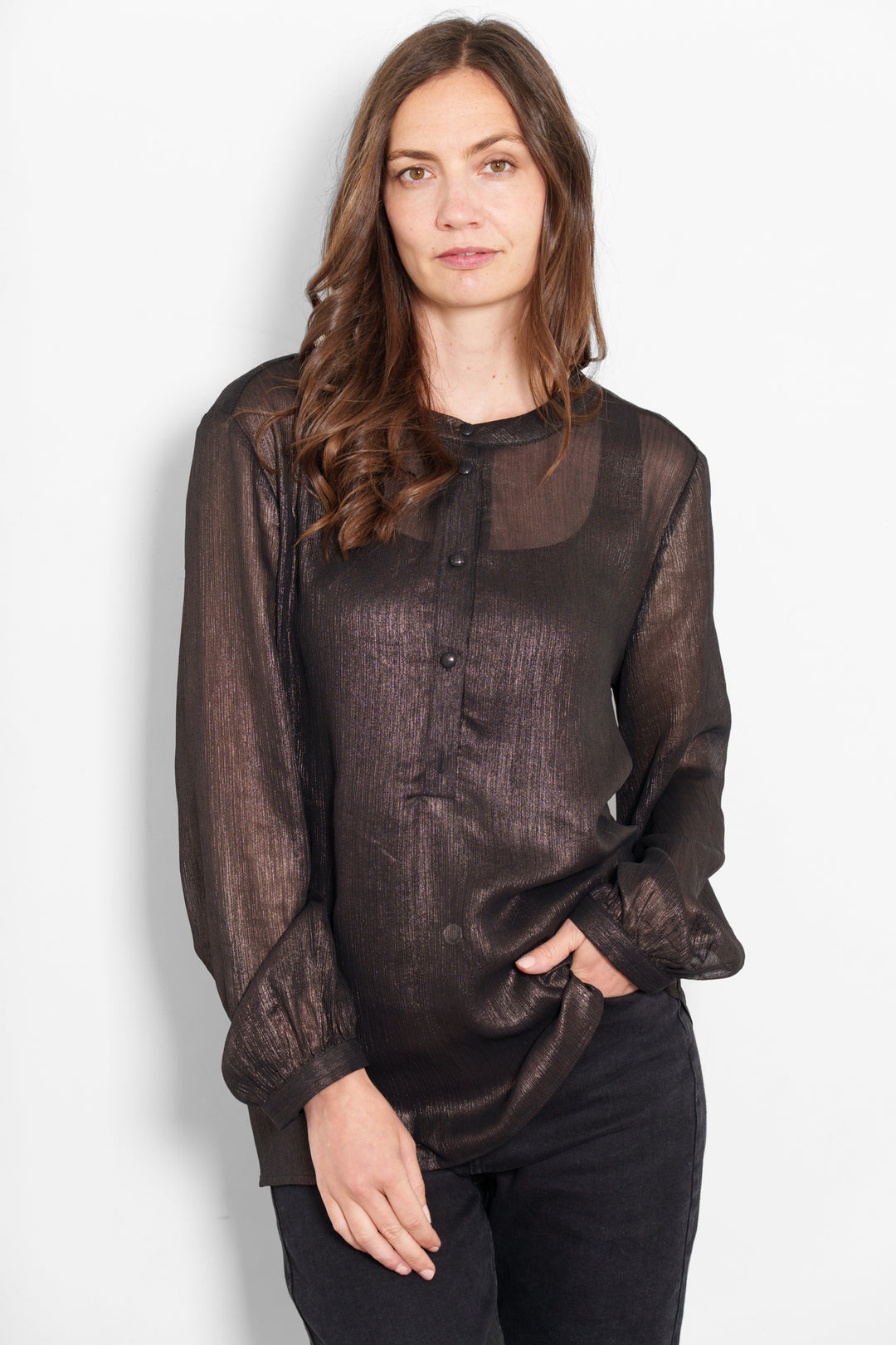 odette-long-sleeve-blouse-dark-grey-model-front-view-see-through