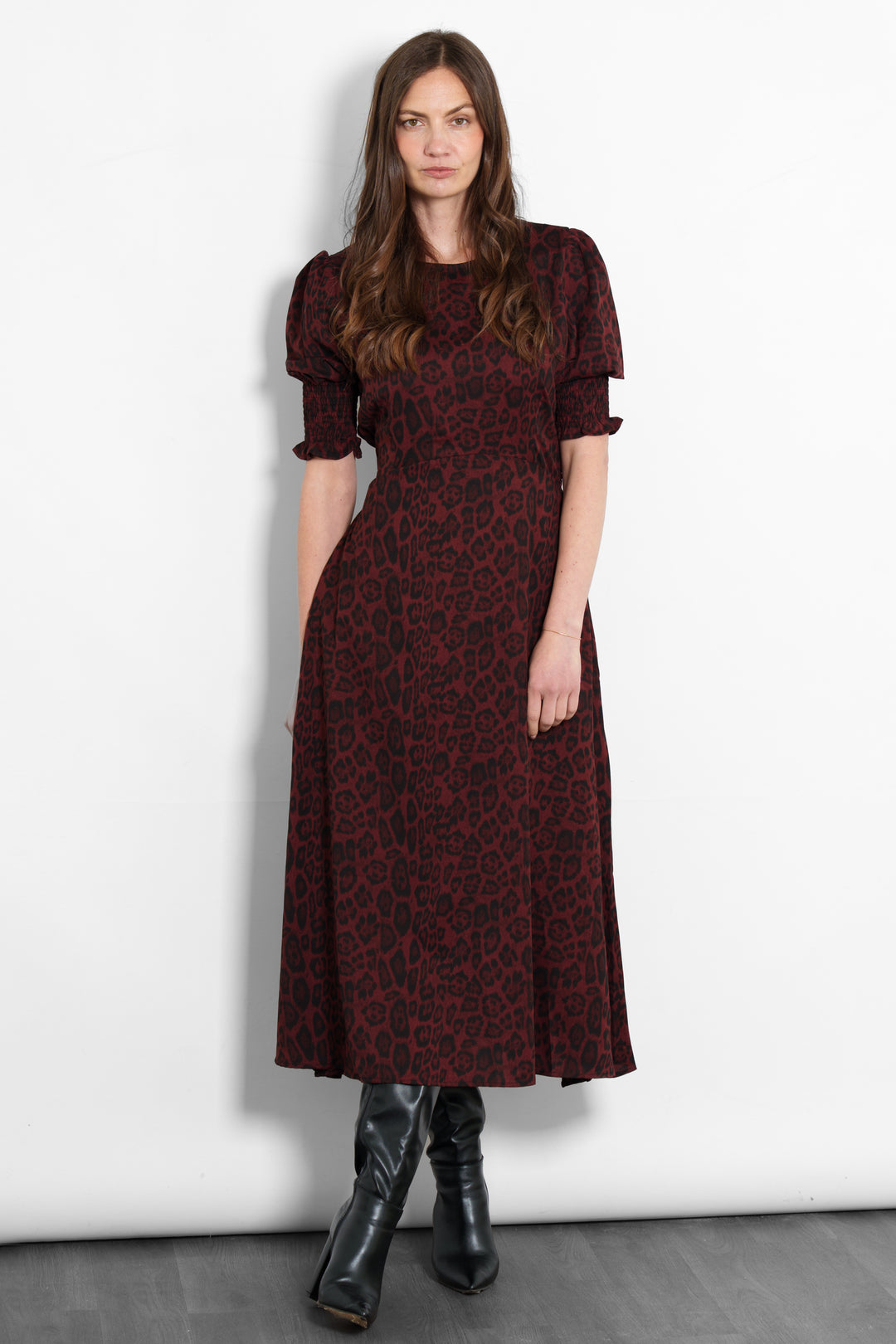 hazel-midi-tea-dress-berry-leopard-print-model-front-view