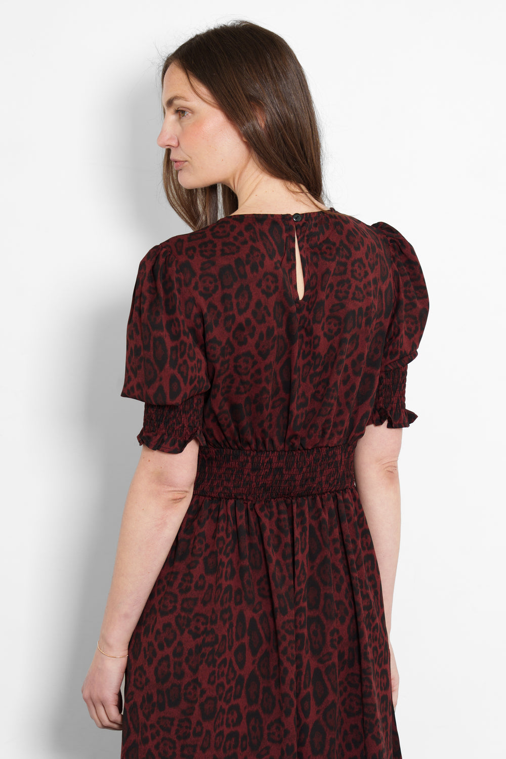 hazel-midi-tea-dress-berry-leopard-print-rear-shirred-waist-button-neck