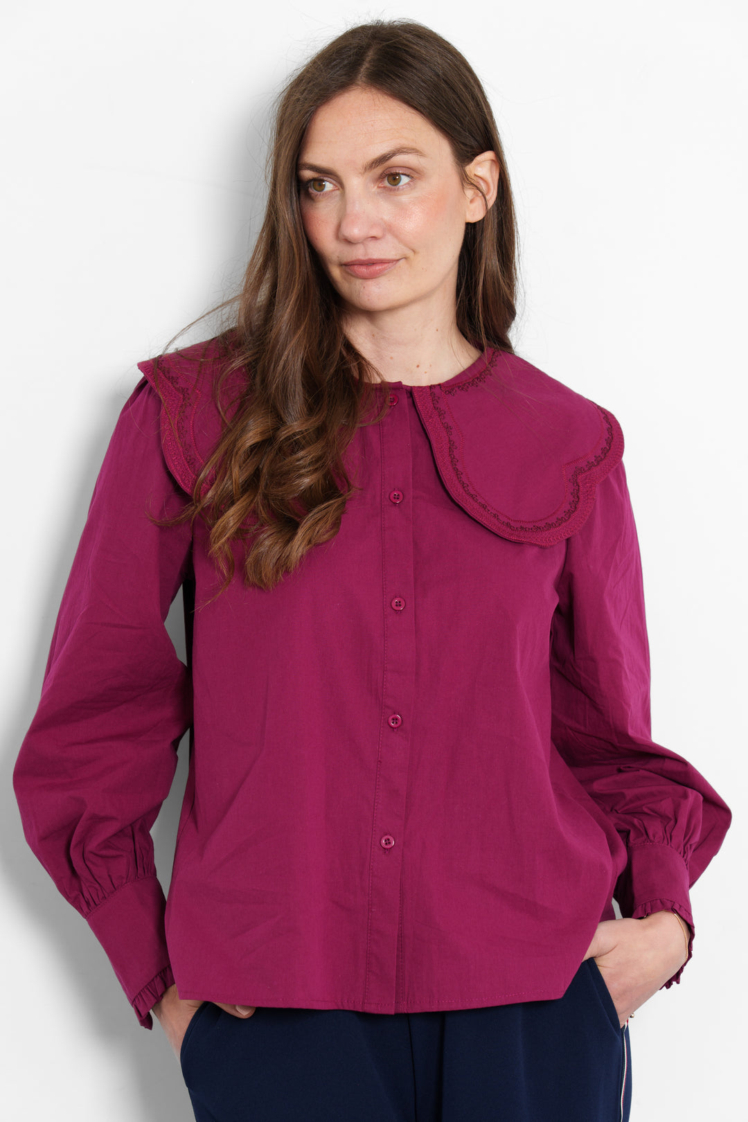 cammie-long-sleeve-cotton-shirt-berry-pilgrim-collar-model-front-view