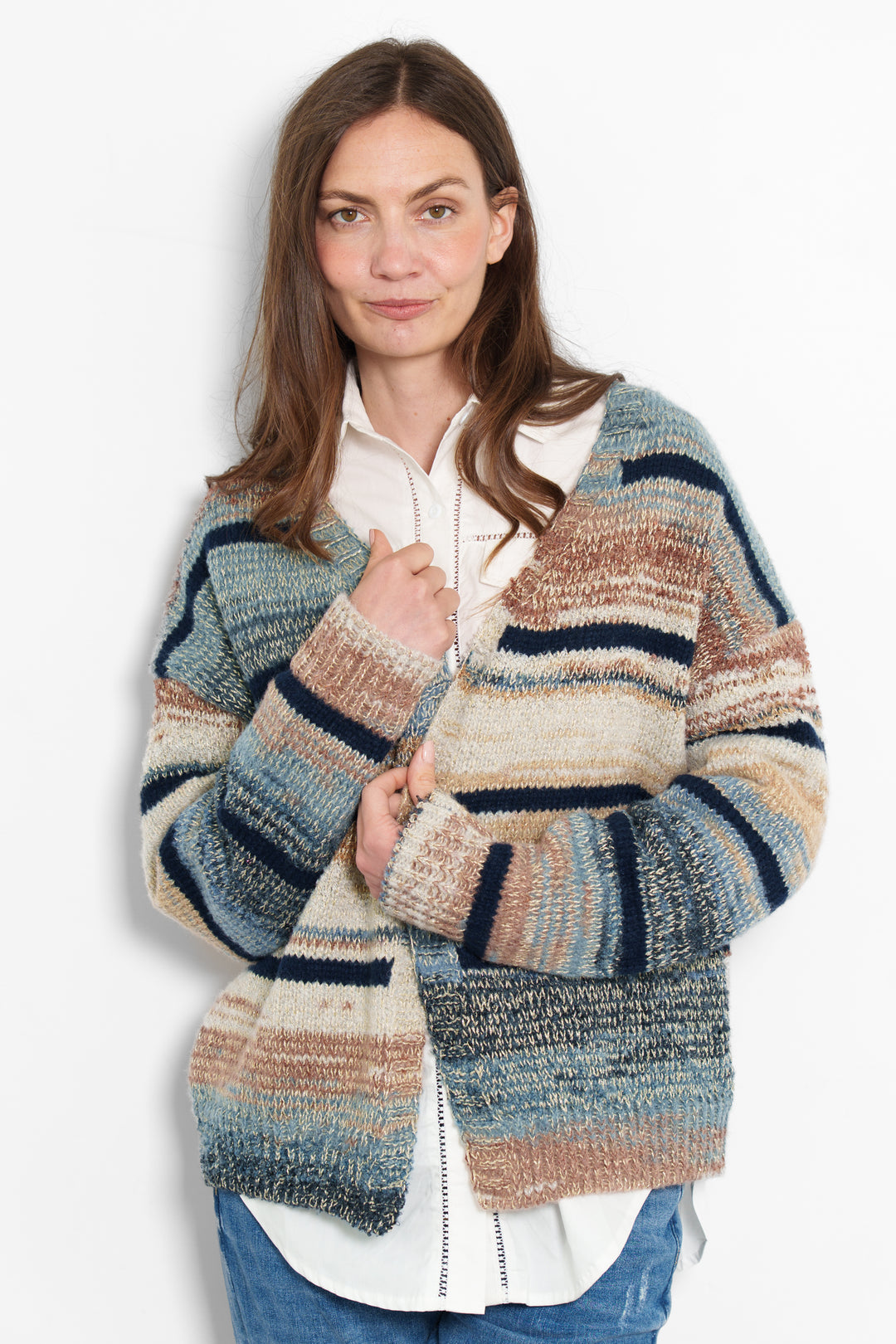 brodie-wool-blend-cardigan-multi-blue-striped-model-front-view