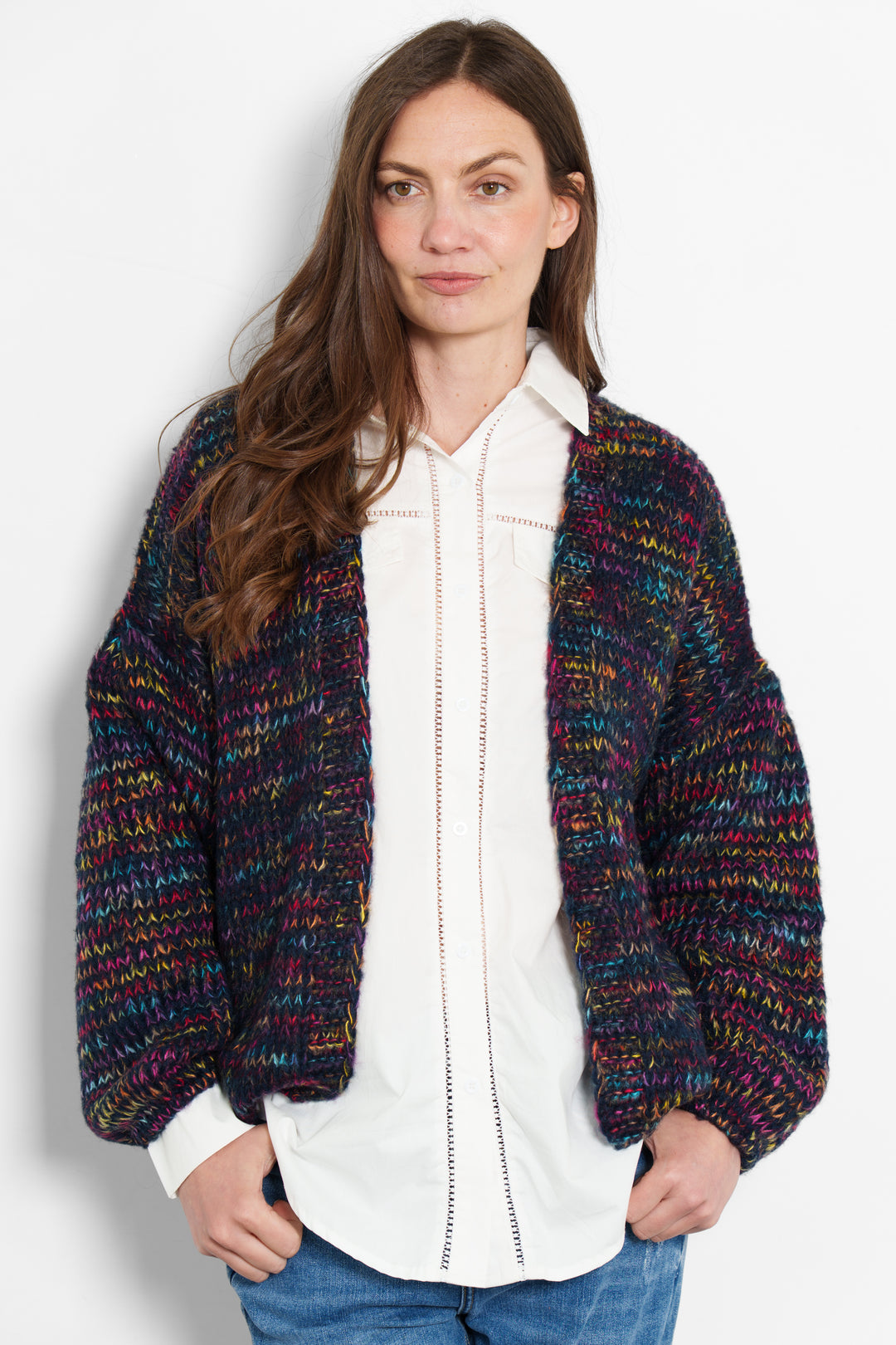 brodie-wool-blend-cardigan-navy-blue-rainbow-knit-model-front-view