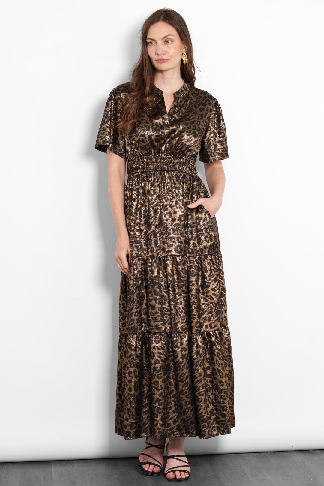 roxy-tiered-maxi-dress-gold-metallic-leopard-model-front-view