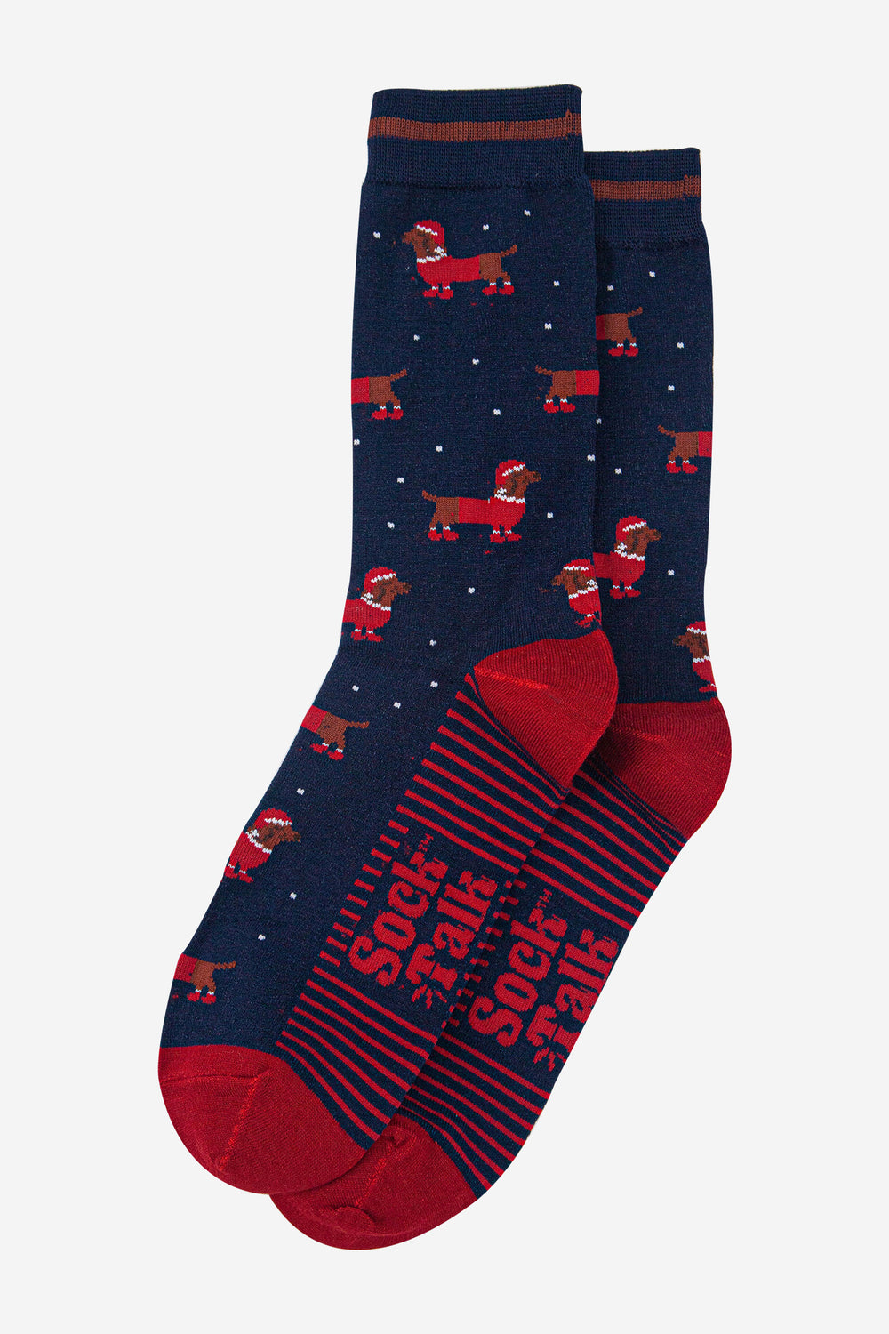 mens-bamboo-socks-navy-blue-red-santa-sausage-dog-laying-flat