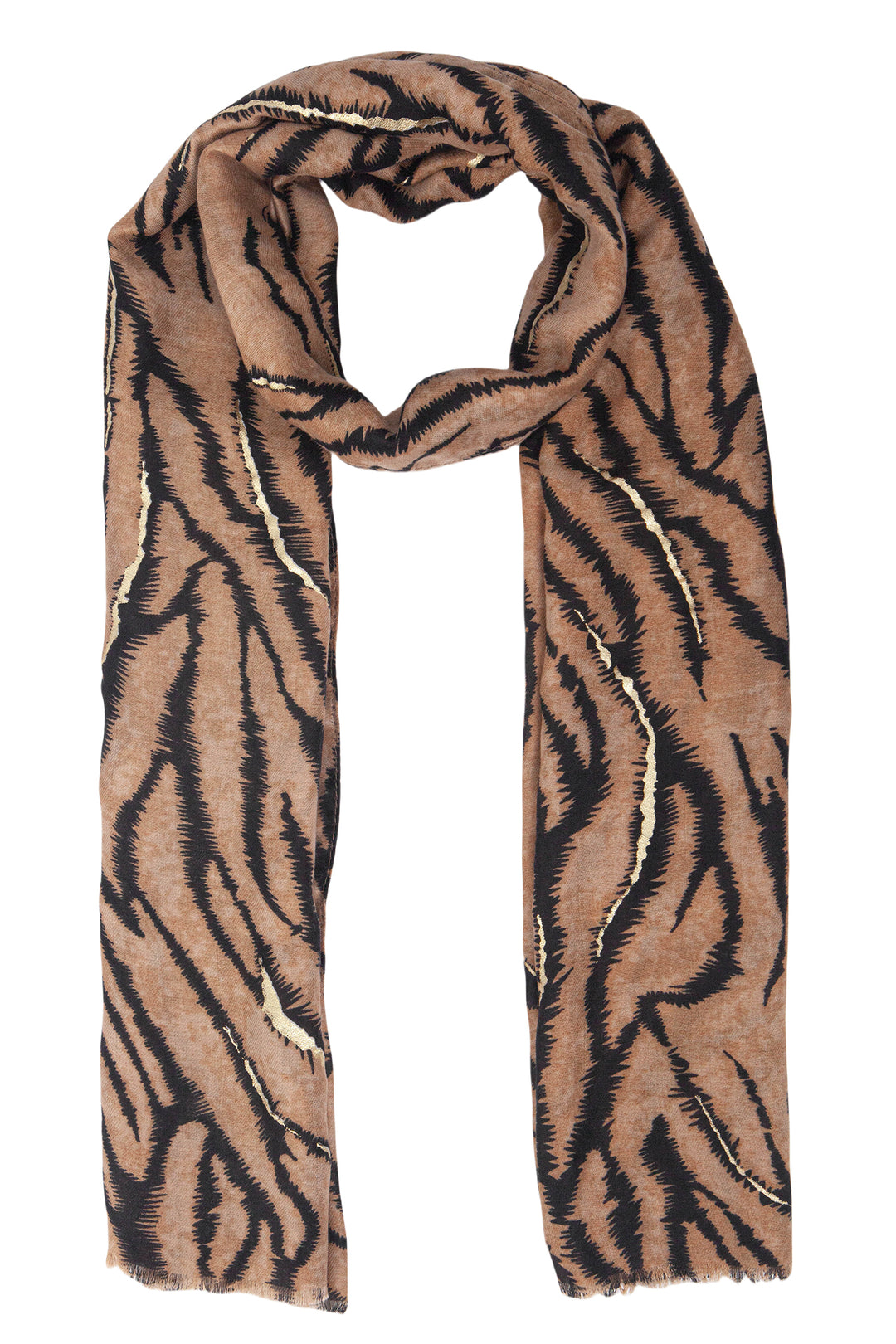 annika-brown-tiger-stripe-lightweight-scarf-gold-foil-accents