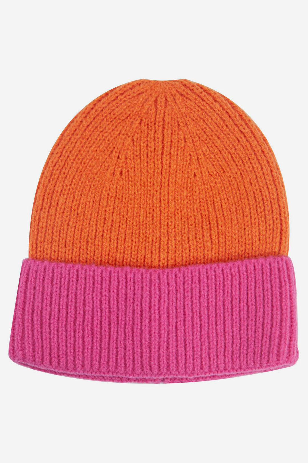 minnie-orange-hot-pink-two-tone-beanie-hat-laying-flat