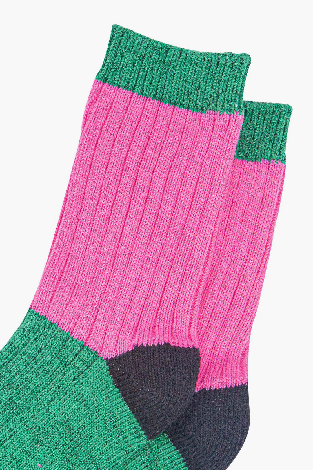 womens-mid-calf-socks-pink-green-colour-block-close-up-ribbed