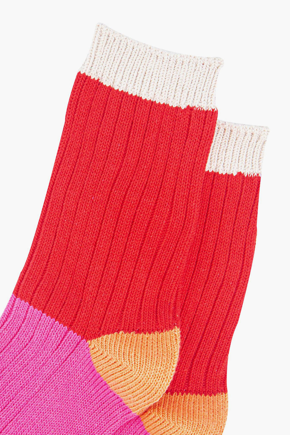 womens-mid-calf-socks-red-pink-colour-block-1-close-up-thick-ribbed-material