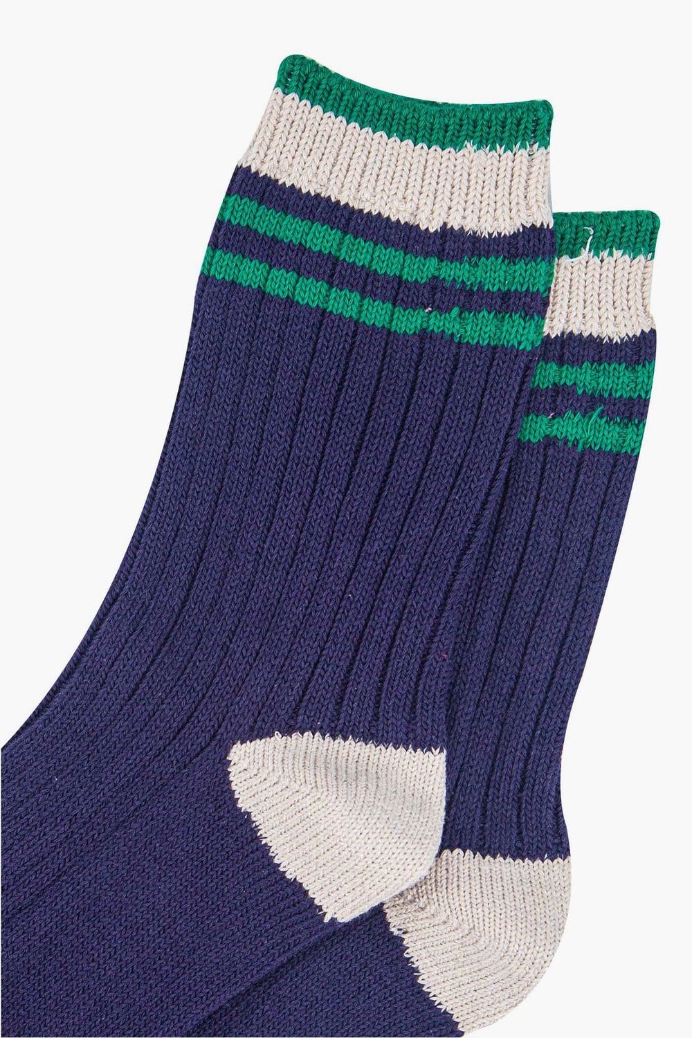 womens-mid-calf-socks-navy-blue-green-striped-cuff-close-up-material
