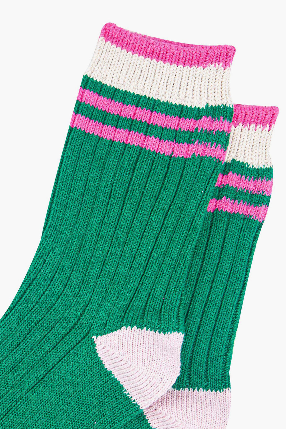 womens-mid-calf-socks-green-pink-striped-cuff-close-up