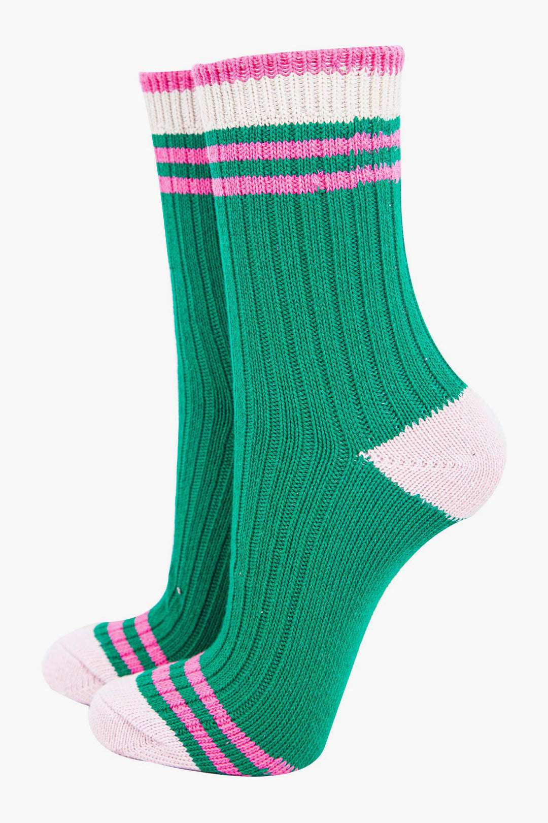 womens-mid-calf-socks-green-pink-striped-cuff-thick-ribbed-cotton