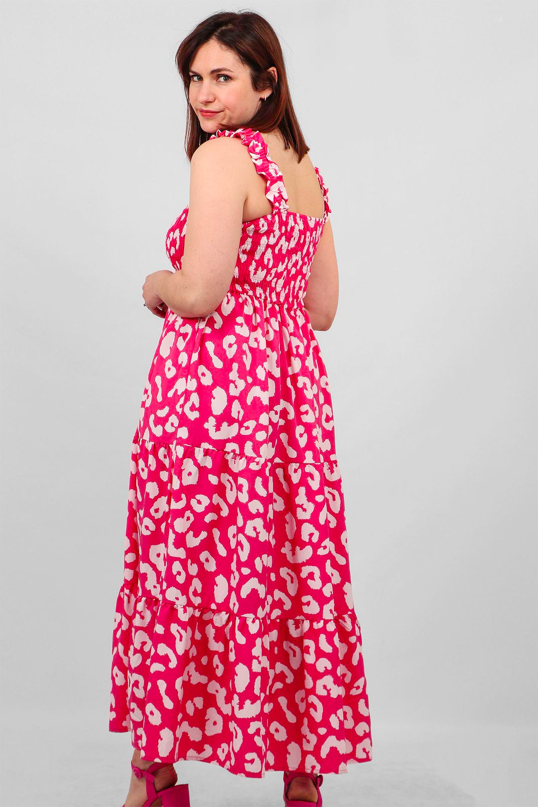 Two Tone Animal Print Shirred Summer Dress