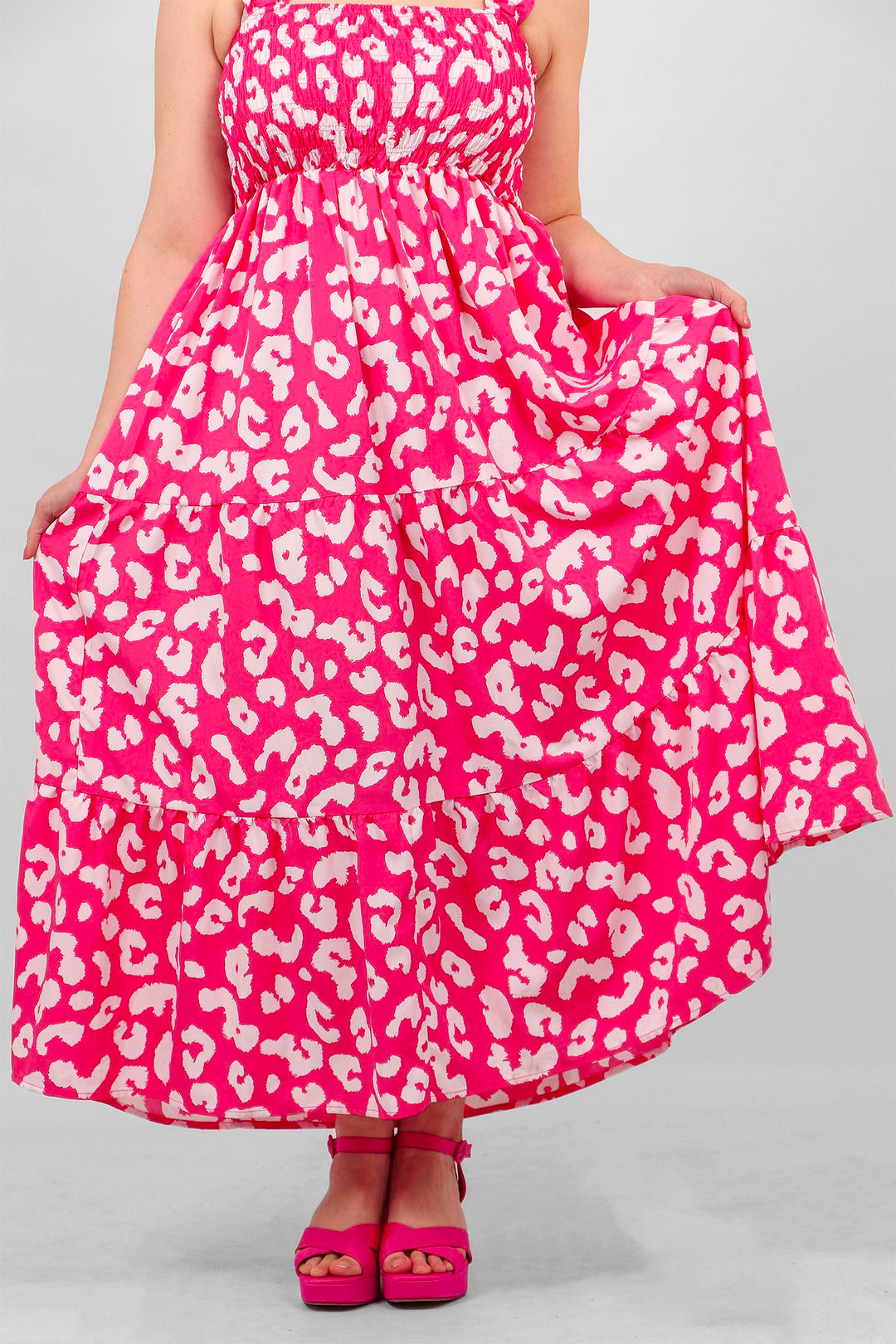 Two Tone Animal Print Shirred Summer Dress