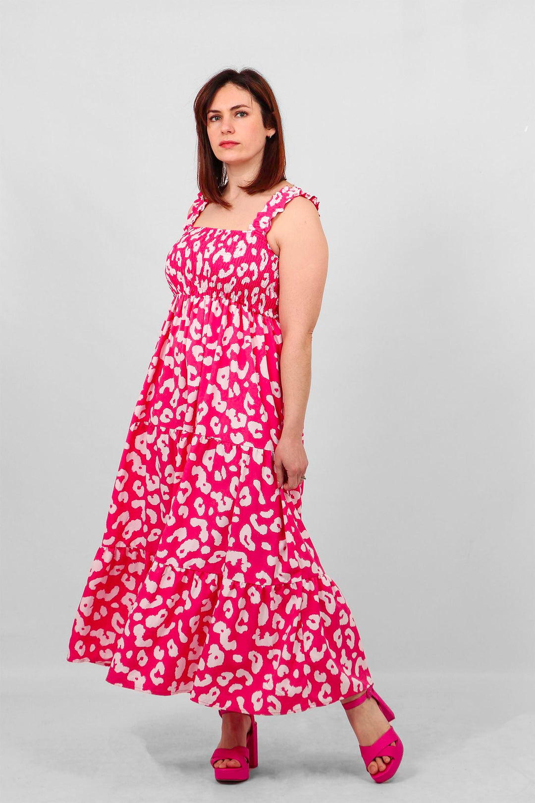 Two Tone Animal Print Shirred Summer Dress